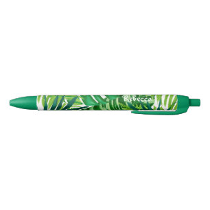 Stylo Noir Nom du monogramme des Feuilles tropicaux verts