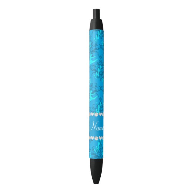 Stylo Noir Nom personnalisé ciel bleu damassé gymnastique (devant Vertical)