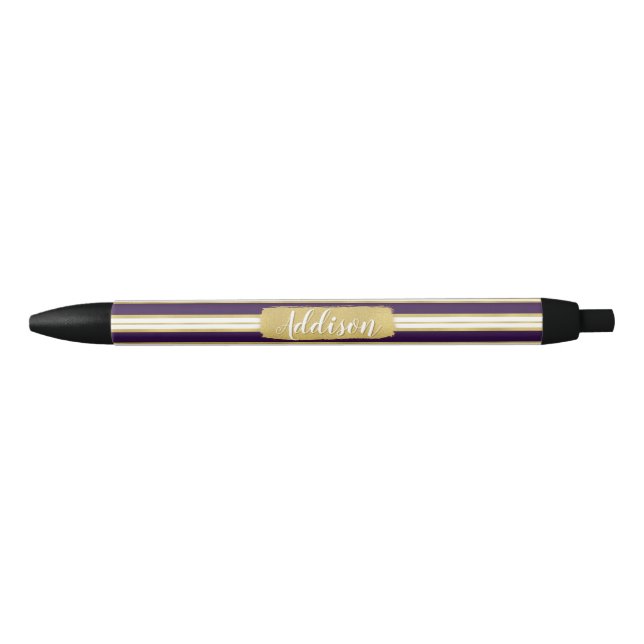 Stylo Noir Nom personnalisé du Motif de bande dorée violet fo (Devant)