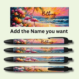 Stylo Noir Nom personnalisé, Flamants roses sur la plage