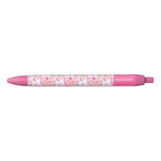 Stylo Noir Nom personnalisé Fleurs Unicorne Rose Cute