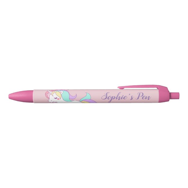 Stylo Noir Nom Personnalisé "Little Dreamer" Cute Unicorn Ros (Haut)