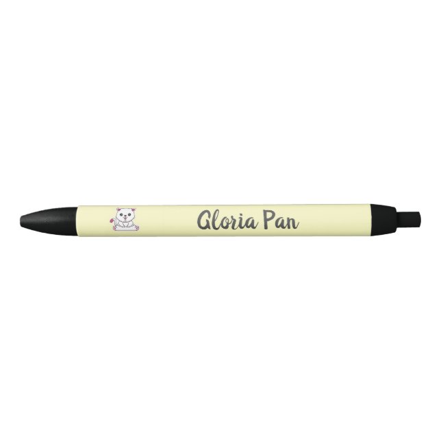 Stylo Noir Nom personnalisé mignon chat blanc sur jaune (Devant)