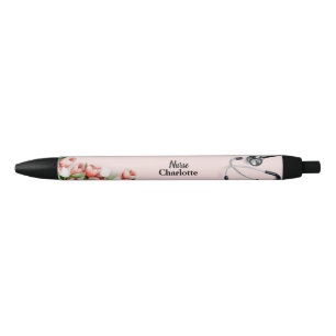 Stylo Noir Nom personnalisé Stéthoscope floral Tulipe rose In