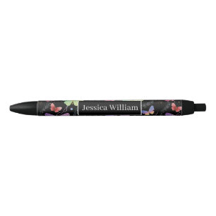 Stylo Noir Nom personnel Élégant Papillons violets brillants