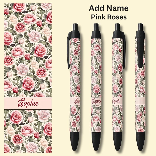 Stylo Noir Nom Roses roses sur rose (Créateur téléchargé)