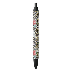 Stylo Noir Or Empreinte de léopard Rouge Blanc Floral