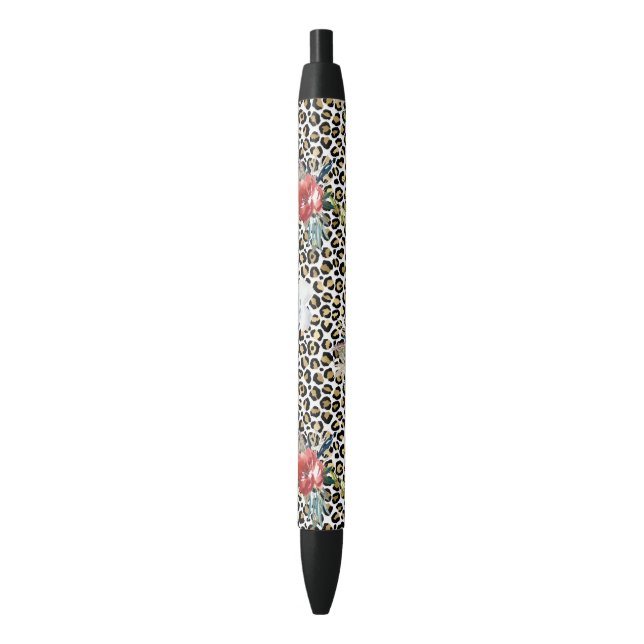 Stylo Noir Or Empreinte de léopard Rouge Blanc Floral (devant Vertical)