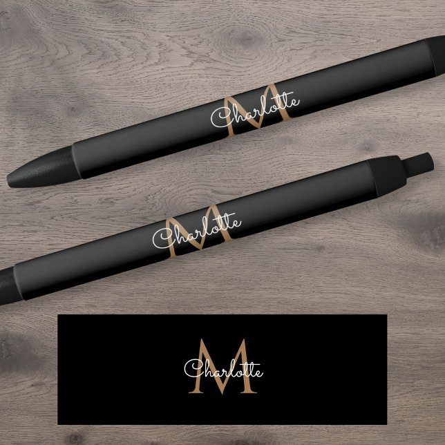 Stylo Noir Or Monogramme Élégant Style Script (Black Gold Monogram Elegant Girly Script Pen)