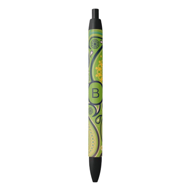 Stylo Noir Ornate Green Paisley Pattern Monogram (devant Vertical)