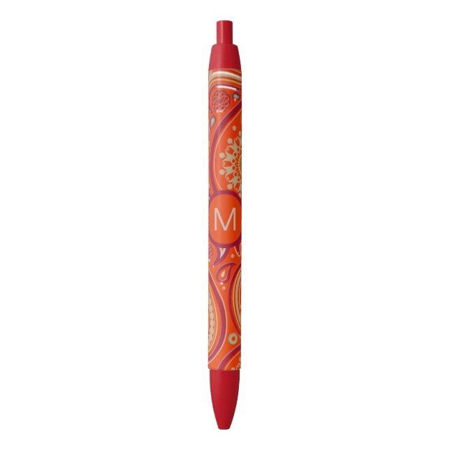 Stylo Noir Ornate Orange Paisley Pattern Monogram (devant Vertical)