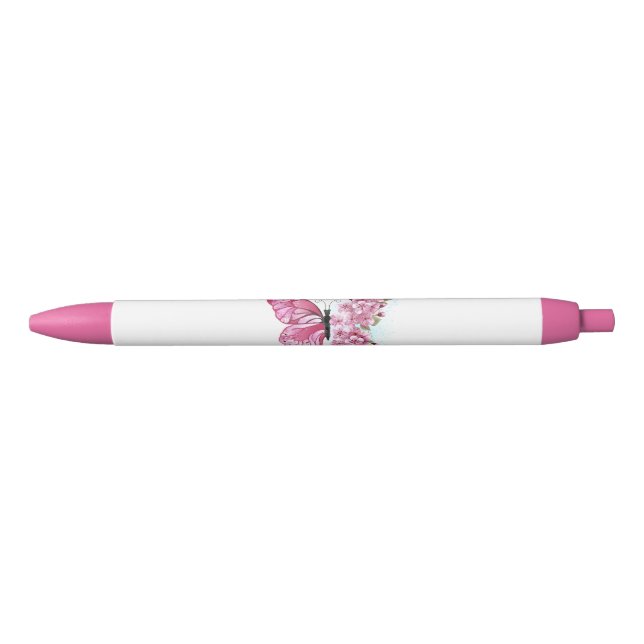 Stylo Noir Papillon à fleurs avec Sakura rose (Devant)
