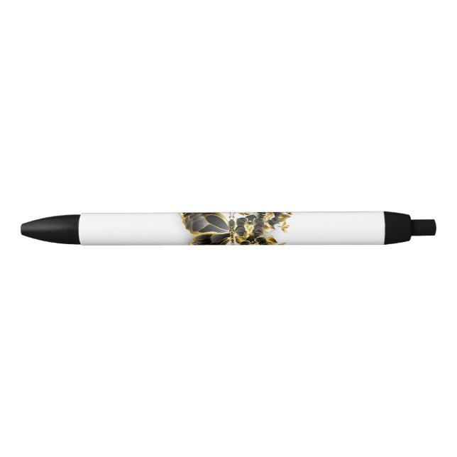 Stylo Noir Papillon à fleurs d'or avec orchidée noire (Devant)