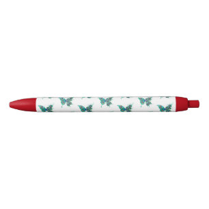 Stylo Noir Papillon aux plumes de paon vert