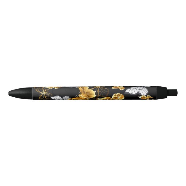 Stylo Noir Papillons blancs et dorés (Devant)