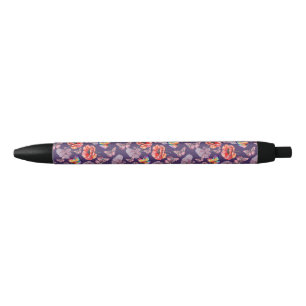 Stylo Noir Papillons et fleurs de pavot