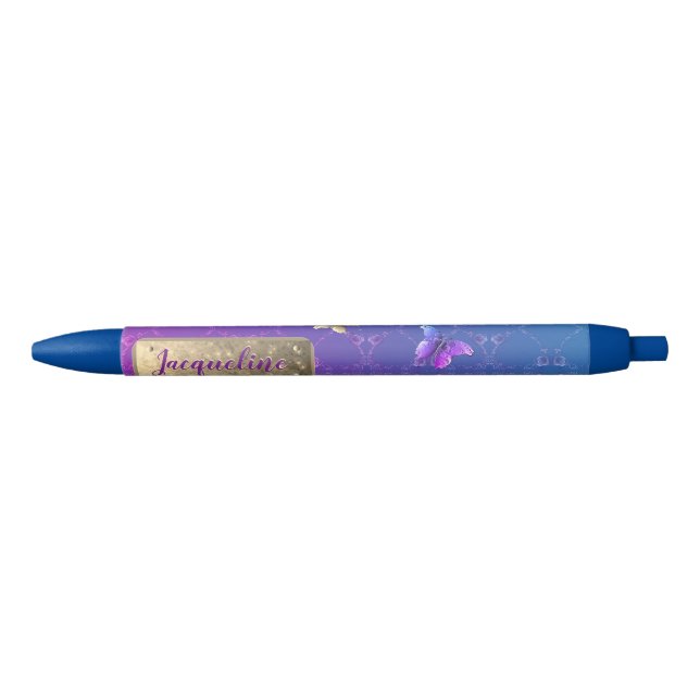 Stylo Noir Papillons violets roses avec nom (Devant)
