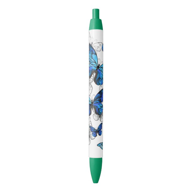 Stylo Noir Papillons volants bleus Morpho (devant Vertical)