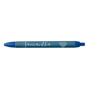 Stylo Noir Parties scintillant bleue Coeur Nom personnalisé