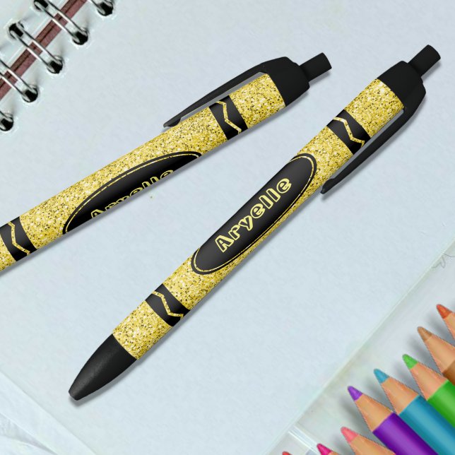 Stylo Noir Parties scintillant jaune Crayon Nom personnalisé  (Créateur téléchargé)