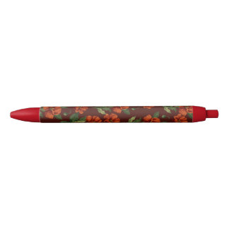 Stylo Noir Pavots Écarlates Botaniques Élégants