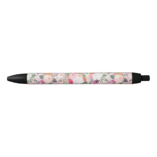 Stylo Noir Peinture d'aquarelle rose romantique