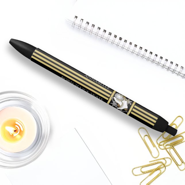 Stylo Noir Personalized Black and Gold Glitter Ice Skating (Créateur téléchargé)