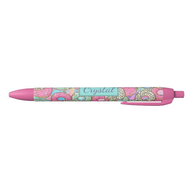 Stylo Noir Personnalisé Nom & Couleur Cute Pastel Donuts & Sp (Bas)
