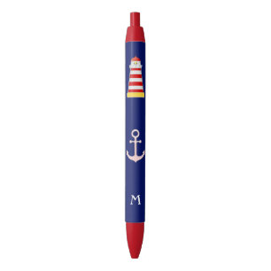 Stylo Noir Phare nautique et Ancre sur Arrière - plan bleu