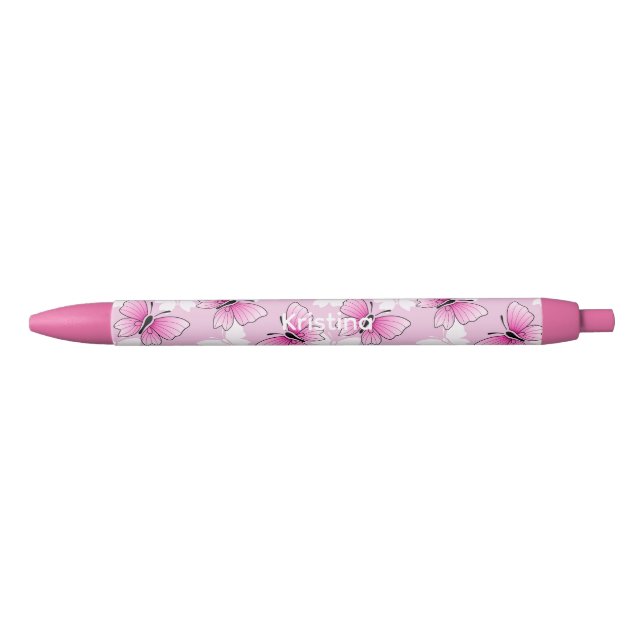 Stylo Noir Pink Butterfly Cute Kawaii Personalized Pen (Devant)