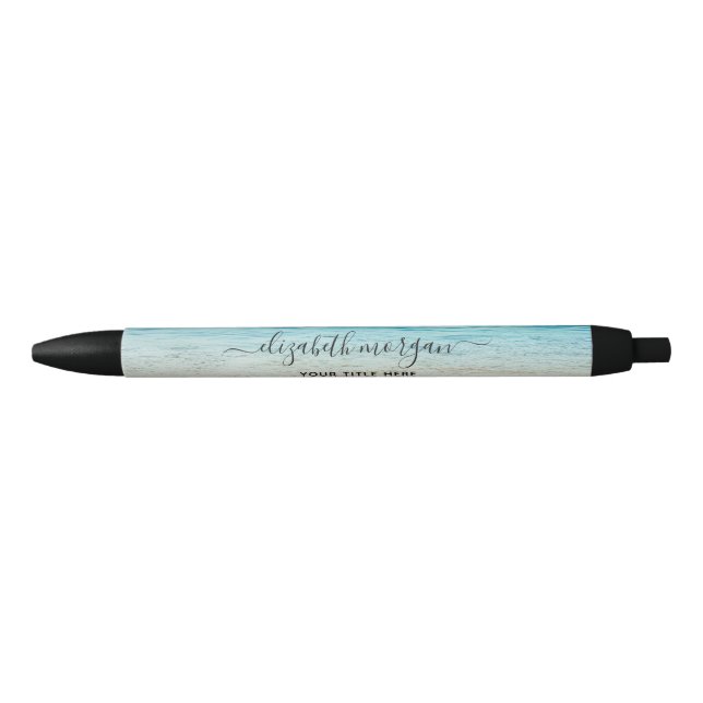 Stylo Noir Plage Été Personalisé Bleu Script Élégant (Devant)