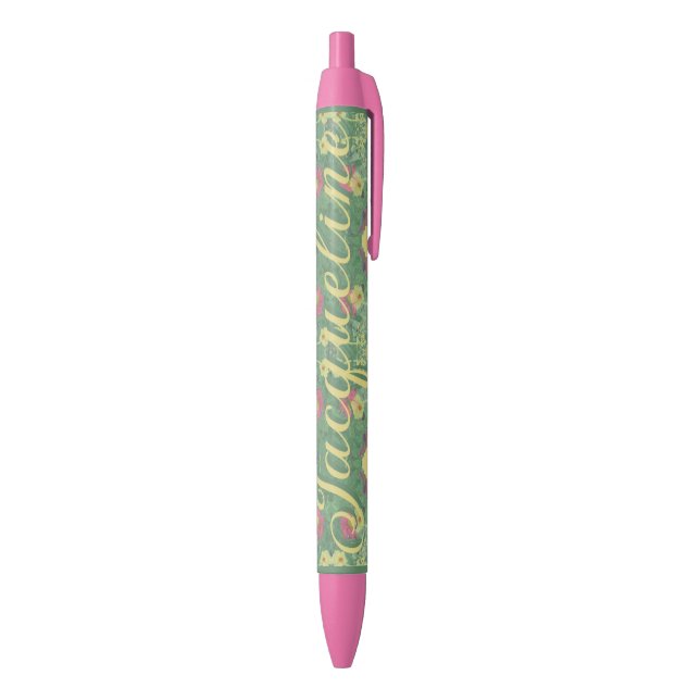 Stylo Noir Plancher de la forêt fleurie avec nom (Bas (Vertical))