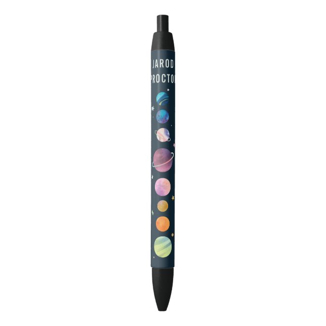 Stylo Noir Planètes de l'espace Étoiles Lune Galaxie Nom pers (devant Vertical)