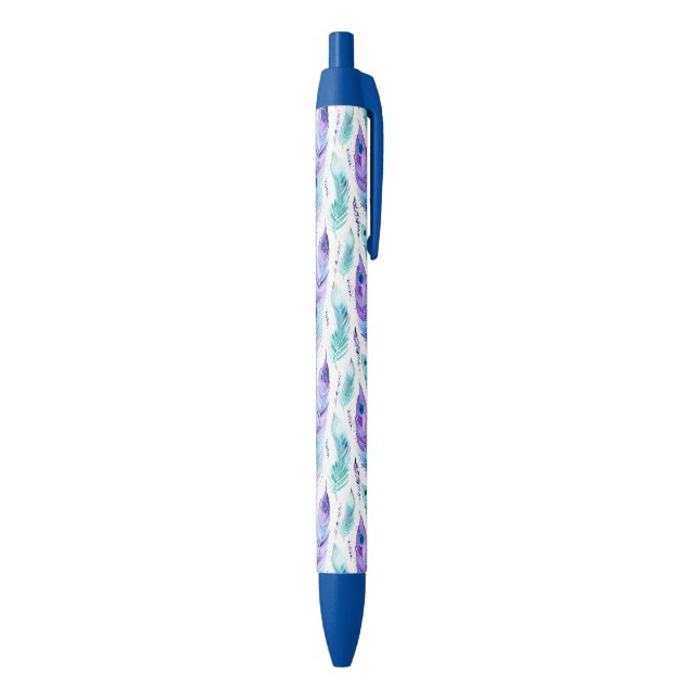 Stylo Noir Plumes de paon violet turquoise (Bas (Vertical))