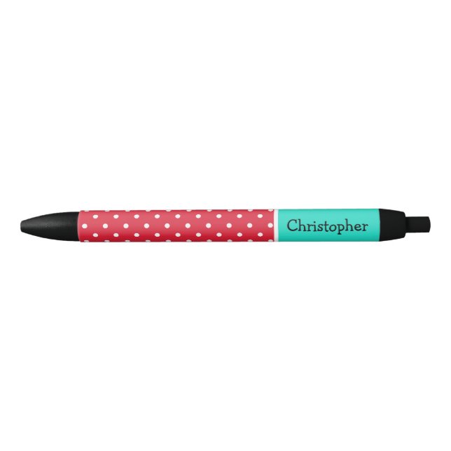 Stylo Noir Pois en rouge et blanc et Turquoise Personnalisé (Devant)