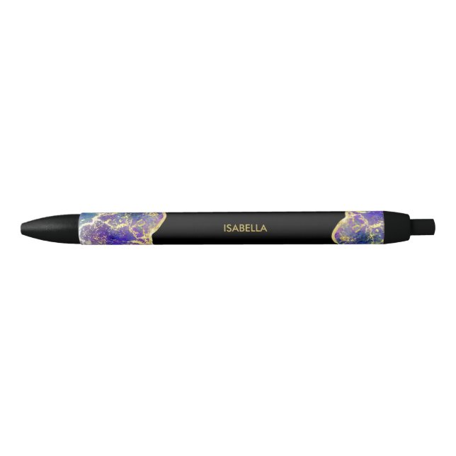 Stylo Noir Purple Faux Gold Opal Gemstone Monogramme Nom (Devant)