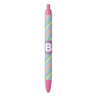 Stylo Noir Rayures diagonales colorées de bonbons Monogramme