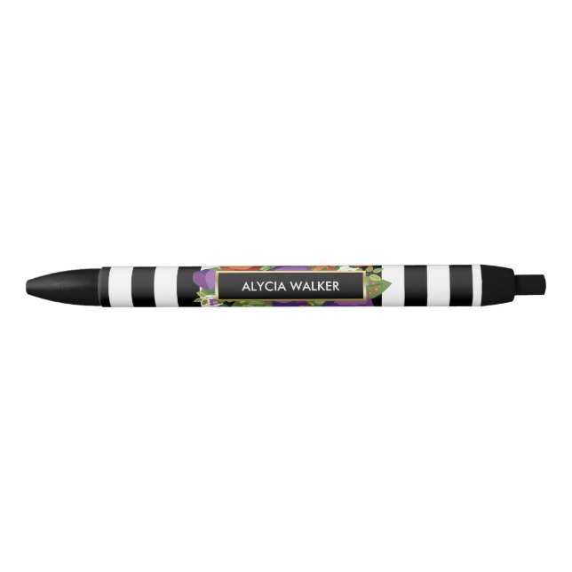 Stylo Noir Rayures et nom de coutume de bouquet d'automne (Devant)