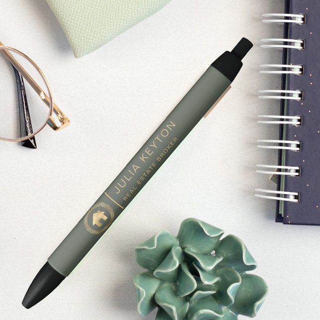 Stylo Noir Real Estate House Logo Greek Key Sage Green Gold (Créateur téléchargé)