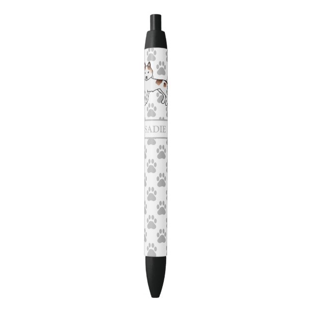 Stylo Noir Red Piebald Siberian Husky Cartoon Chien et nom (devant Vertical)