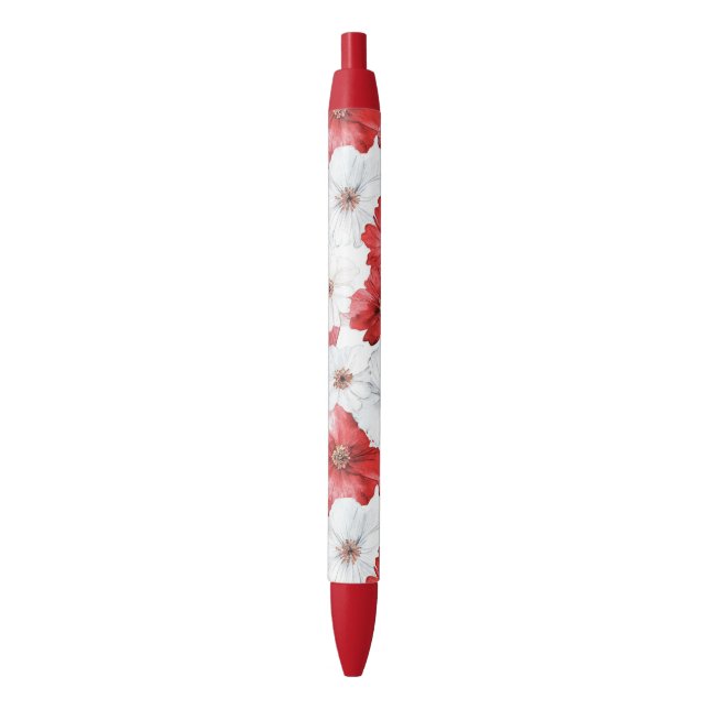 Stylo Noir Red White Flowers Wedding (devant Vertical)