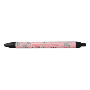 Stylo Noir Rose  Chic aquarelle florale personnalisée 