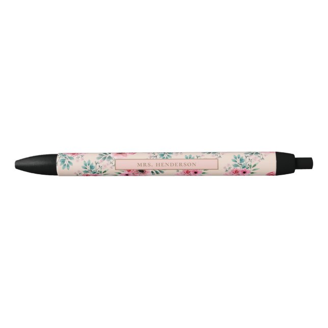 Stylo Noir Rose pâle | Chic aquarelle Floral Personnalisé (Devant)