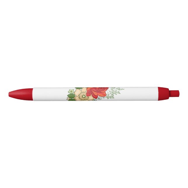 Stylo Noir Rose rouge et marguerites (Devant)
