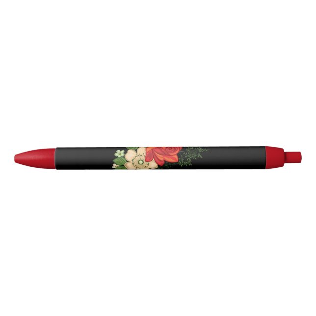 Stylo Noir Rose rouge et marguerites Arrière - plan noir (Devant)