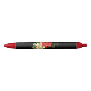 Stylo Noir Rose rouge et marguerites sur fond noir