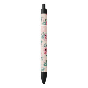Stylo Noir Rose roux  Monogramme floral d'aquarelle chic