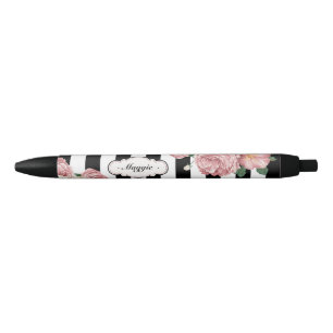 Stylo Noir Roses avec les rayures noires et blanches
