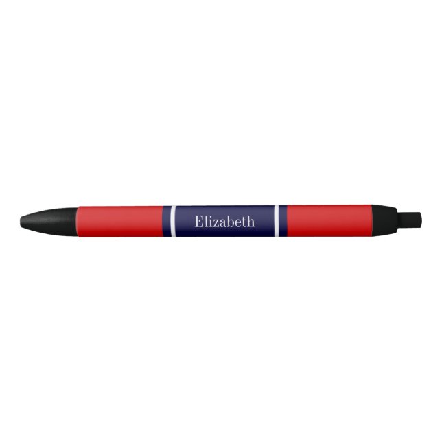 Stylo Noir Rouge uni, ruban bleu marine Nom Monogramme (Devant)