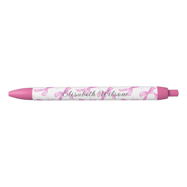 Stylo Noir Ruban Coquette Rose avec Monogramme de Nom en Écri (Devant)